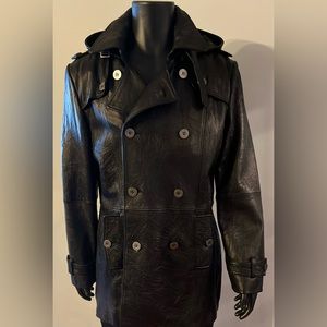 Lamb skin black leather men’s jacket with detachable leather hood.